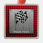 Checkered Flag; brushed aluminum look Christmas Ornament