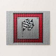 Checkered Flag; brushed aluminum look Jigsaw Puzzle