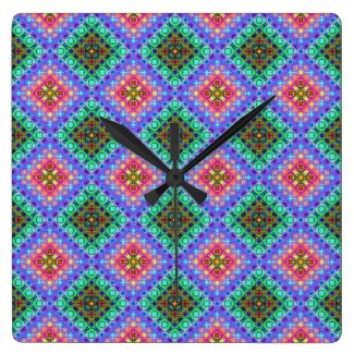 Checkered Pink and Turquoise Fractal Pattern Wall Clocks