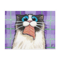 Cheeky Cat Eating Salmon Postcard by LisaMarieArt Cheeky Cat Eating Salmon Postcard