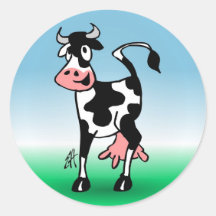 Cheerful cow in a meadow round sticker