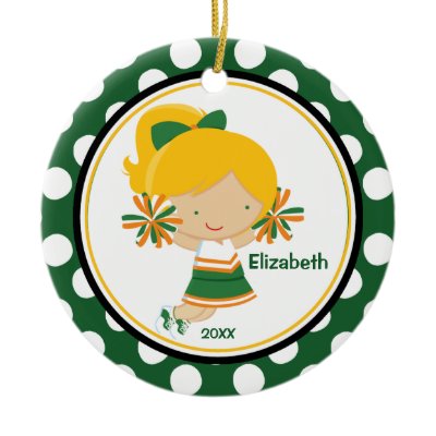 Cheerleader Girl Christmas Ornament Green Gold