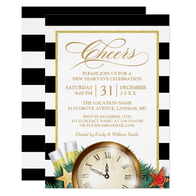 Cheers Champagne Clock Stripes New Years Eve Party Card