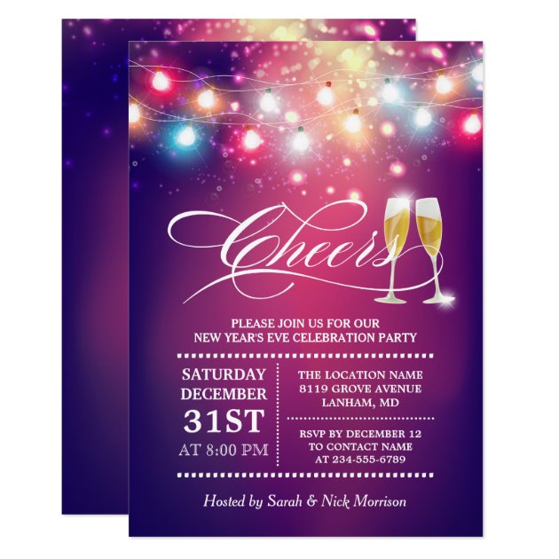 Cheers Champagne String Lights New Years Eve Party Card