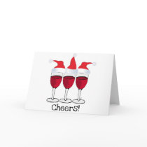 CHEERS! RED WINE AND CHRISTMAS HATS PRINT GREETING CARDS