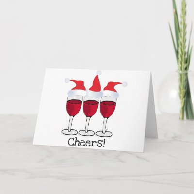 CHEERS! RED WINE AND CHRISTMAS HATS PRINT GREETING CARDS