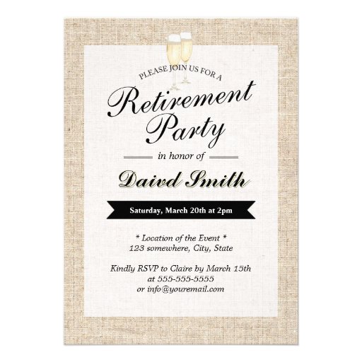 Cheers Rustic Burlap Retirement Party Invitations (front side)
