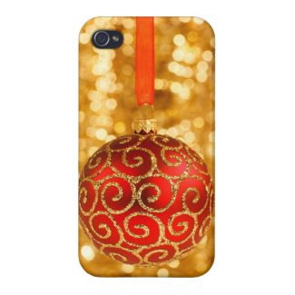 Cheery Merry Christmas Red /Gold Glittery Ornament iPhone 4 Case