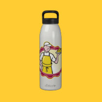 Cheesemaker Holding Plate of Cheese water bottles