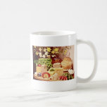 Cheeses, with radishes, lettuce, bread, and daffod mugs