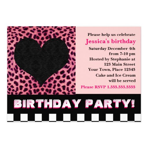 Cheetah Heart Birthday Party - Pink Personalized Invitations