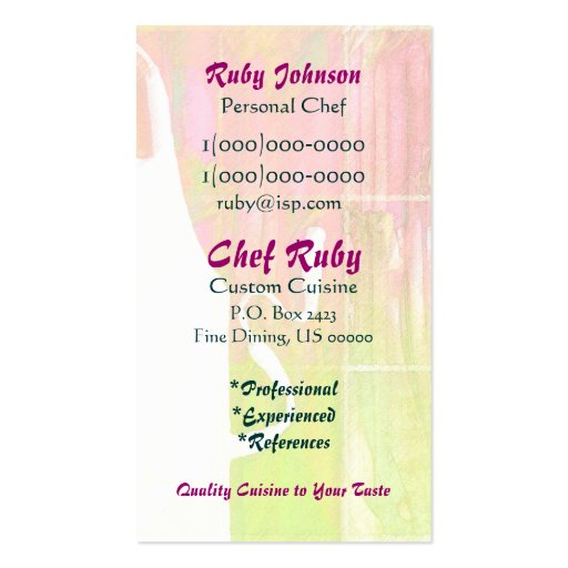 Chef Ruby Personal Chef Business Card (back side)