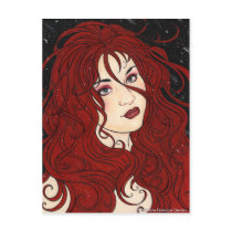 gothic, pinup, woman, face, portrait, red, cherie, cherry, goth, dark, pop, art, fantasy, nymph, zerick, delphine, levesque, demers, Postcard with custom graphic design