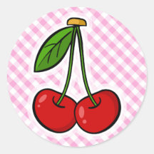 Cherries & Pink Plaid Round Sticker