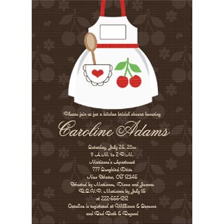 Kitchen Themed Bridal Shower Invitations Red and Brown Cherry Apron