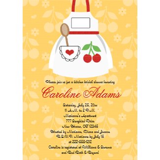 Kitchen Theme Bridal Invitations Yellow and Red Cherry Apron