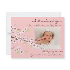 Cherry Blossom Pink & Brown Baby Girl Photo Birth invitation