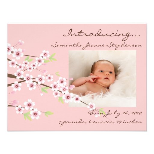 Cherry Blossom Pink & Brown Baby Girl Photo Birth Personalized Invites