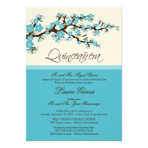 Cherry Blossom Quinceanera Invitation (aqua) (front side)