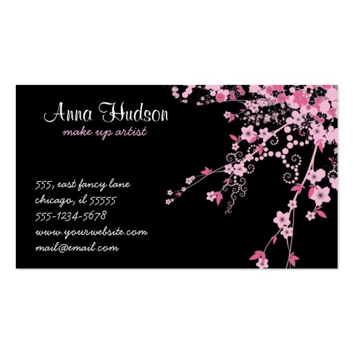 Cherry Blossom Sakura Flowers Blossoms Pink Black Business Cards (front side)
