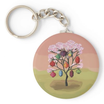 Cherry Blossom with oriental paper lanterns Keychain by giftsbonanza