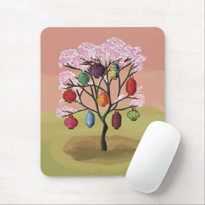 Cherry Blossom with oriental paper lanterns Mouse Pads by giftsbonanza