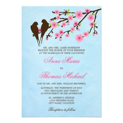 Cherry Blossoms and Love Birds Wedding Invitation