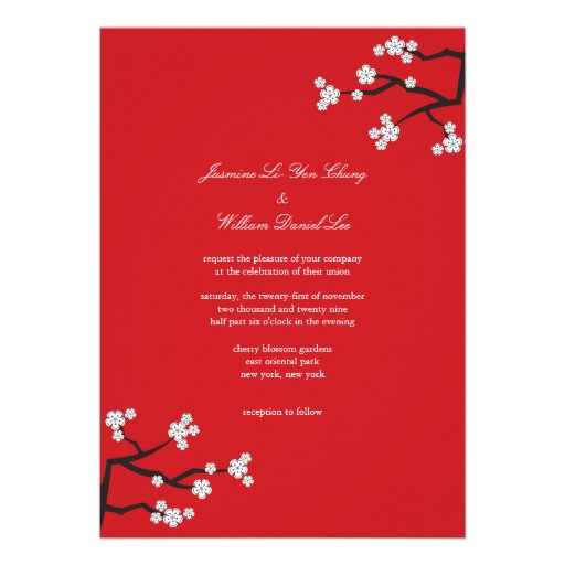 Cherry Blossoms Double Happiness Chinese Wedding Announcements