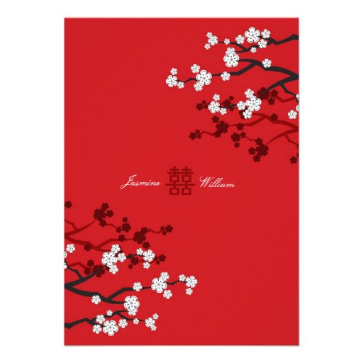Cherry Blossoms Double Happiness Chinese Wedding Announcements (front side)