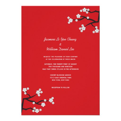 Cherry Blossoms Double Happiness Chinese Wedding Invitation