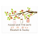 Cherry blossoms, mason jars wedding Save the Date Postcard