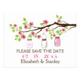 Cherry blossoms, mason jars wedding Save the Date Post Card
