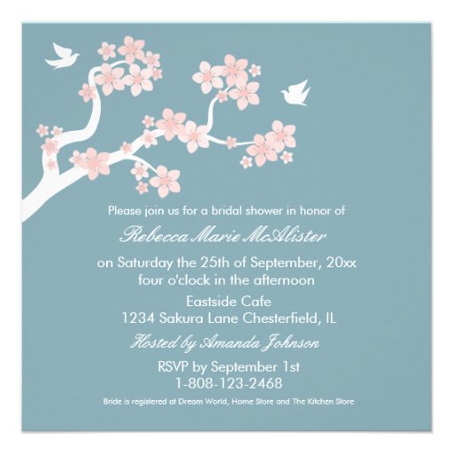 Cherry Blossoms on blue Bridal Shower Invite