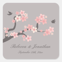 Cherry Blossoms pink/grey square sticker