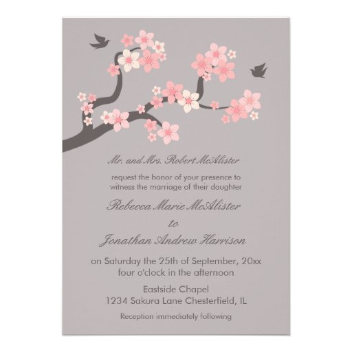 Cherry Blossoms Pink/Grey Wedding Invitation