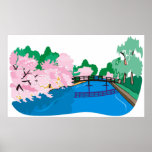 Cherry Blossoms, RIver, Bridge, Trees Poster