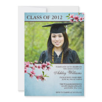 Cherry Blossoms Vintage Blue Photo Graduation Custom Invites