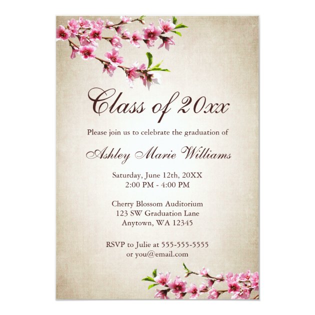 Cherry Blossoms Vintage Tan Graduation 5x7 Paper Invitation Card (front side)