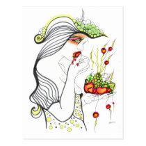 artsprojekt, fruit, food, strawberry, eating, woman, girl, cherry, blossom, portrait, eat, patricia, vidour, drawing, minimalism, pop, modern, contemporary, meals, Postkort med brugerdefineret grafisk design