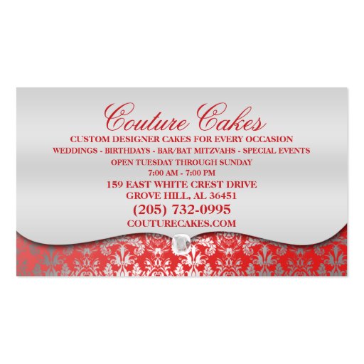 Cherry Red Cake Couture Glitzy Damask Cake Bakery Business Card (back side)