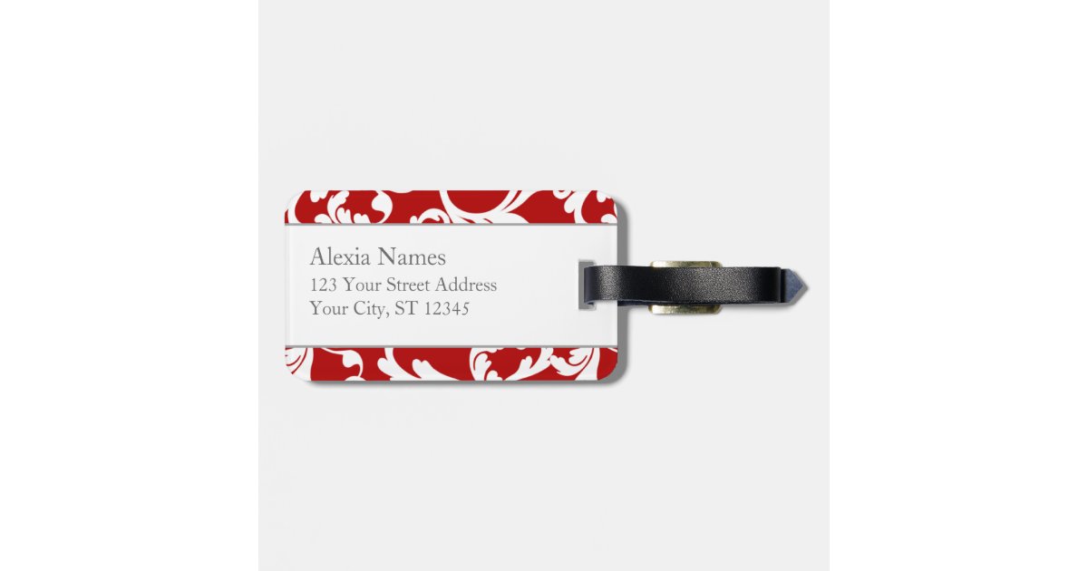 Cherry Red Monogrammed Damask Print Luggage Tag Zazzle