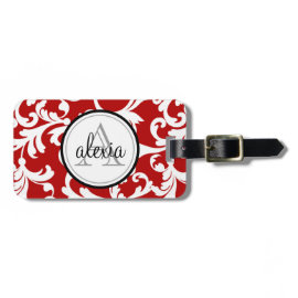 Cherry Red Monogrammed Damask Print Tags For Bags