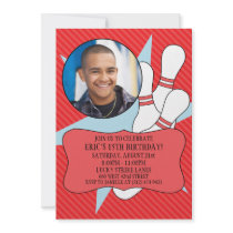 Cherry Red No Time To Spare Bowling Party Photo Custom Invitations