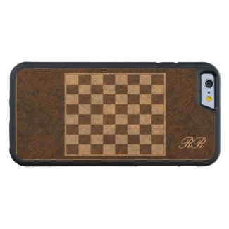 Play a mini-game of chess, checkers, draughts on an iPhone 6 case with a real maple wood inlay on which is printed a board with a rich dark veneer effect.