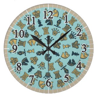 Chess Pieces in Circles Blue Large Round Clock