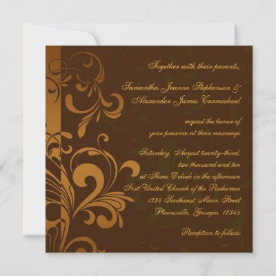 Chestnut Brown Gold Green Swirl Square Wedding Invitations by CustomInvites