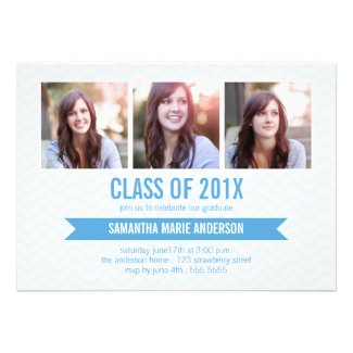 Chevron 3 Photo Graduation Invitation - Blue