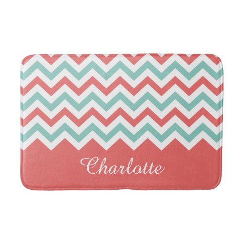 Chevron Coral and Aqua Custom Name Bath Mats