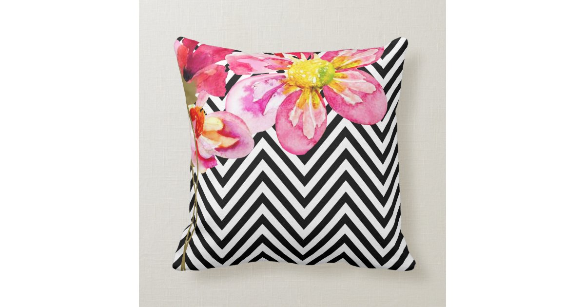 Chevron Floral Watercolor Flowers black & white Throw Pillow Zazzle