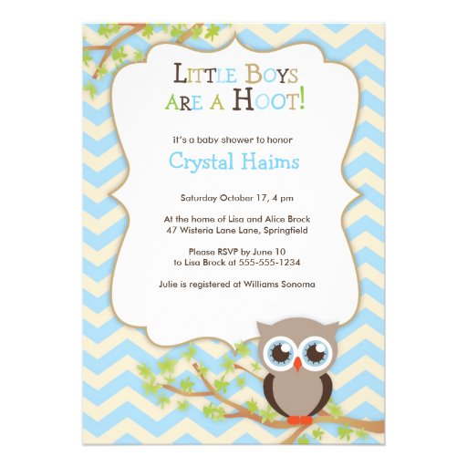 Chevron Owl Themed Baby Shower Invitations - Boy (front side)
